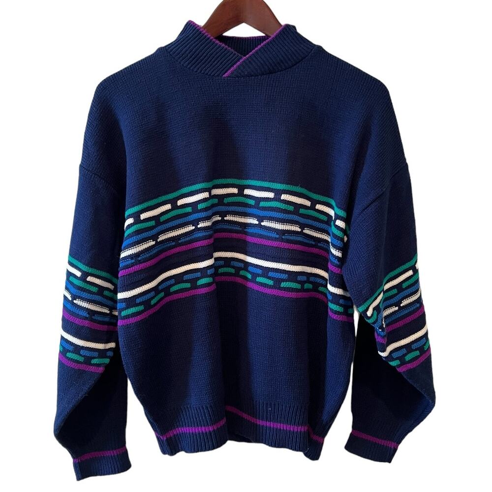 Vintage 80s Edelweiss SkiWear Mock Neck Print Ski Sweater Navy Blue M